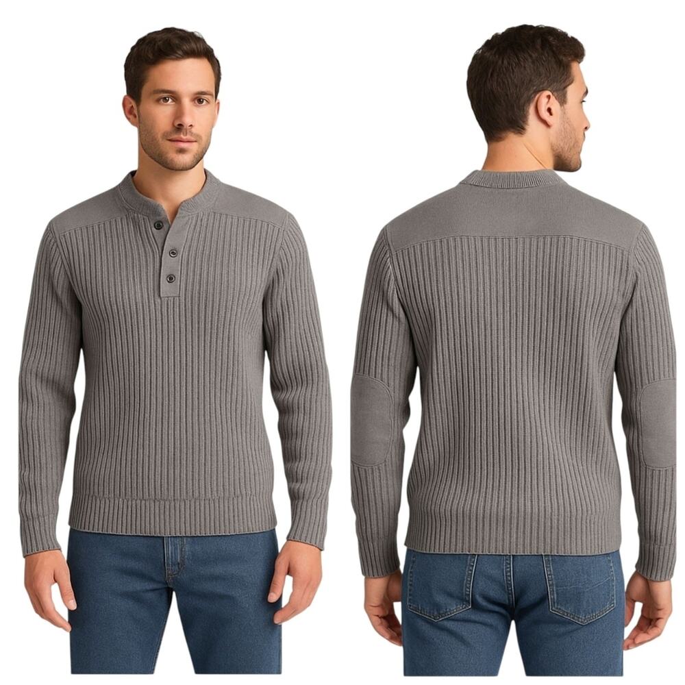 L.L.Bean Men’s Commando Henley Sweater L Gray Merino Lambswool Patches F237
